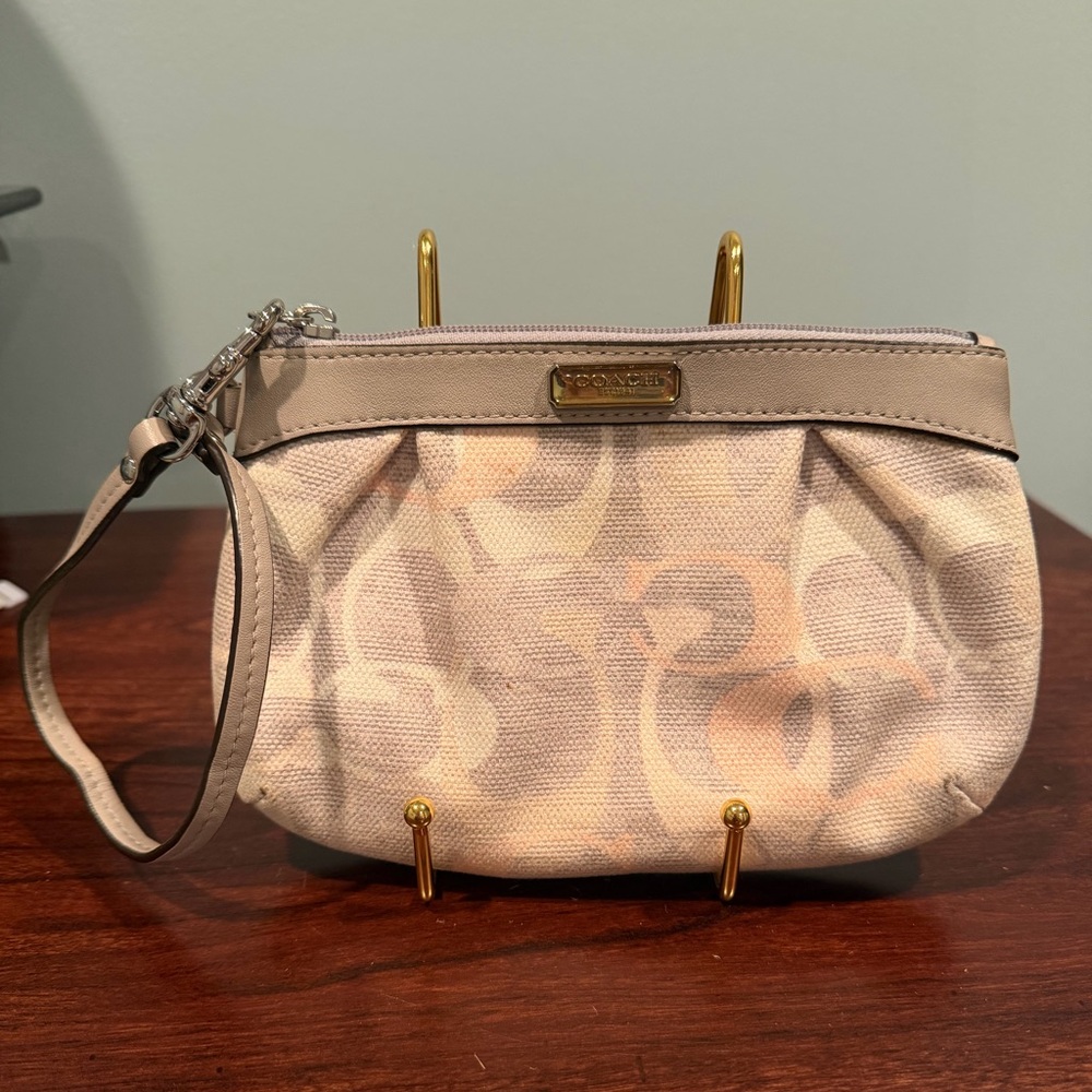 Coach Signature Beige Wristlet gray trim
